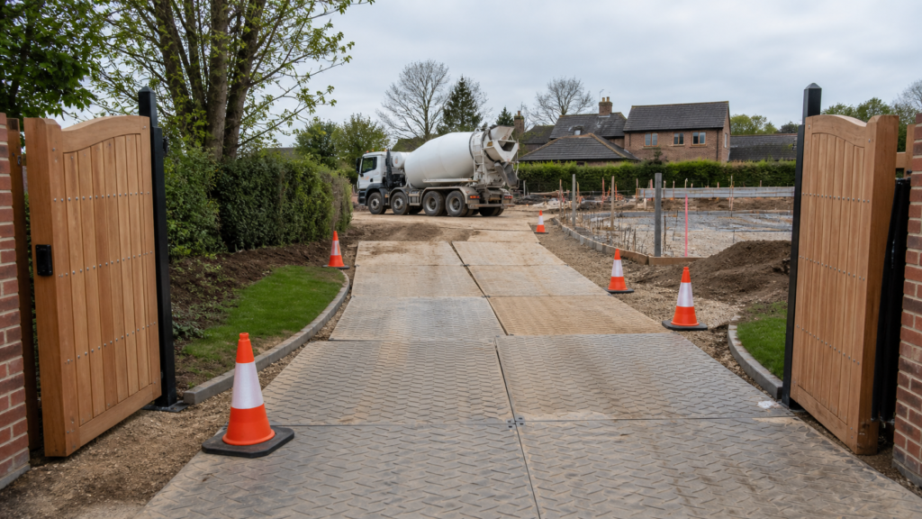 Clear site entrance with ground protection boards ready for concrete lorry access