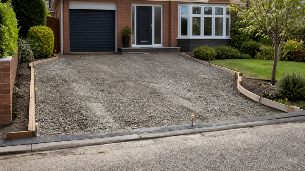 Residential driveway prepared with compacted sub-base and edging before a concrete pour