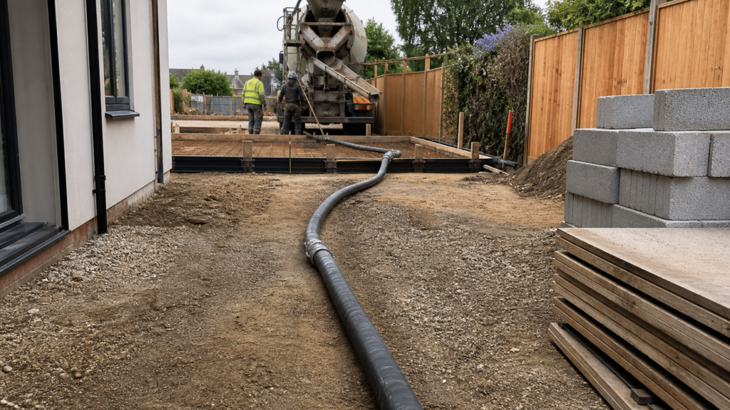 Concrete pump hose leading from an unbranded mixer toward prepared formwork on a domestic site