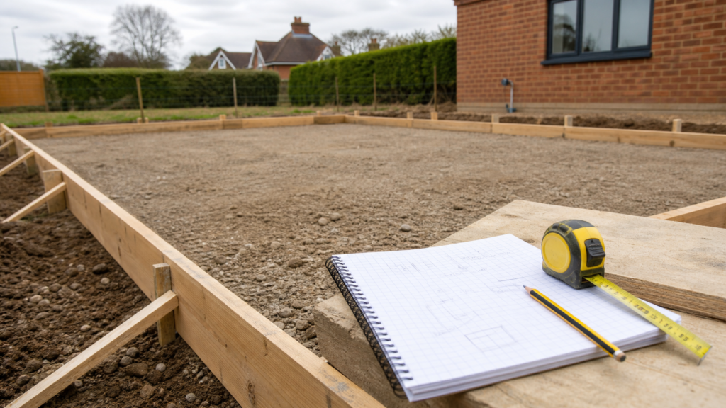 Tape measure and notebook beside timber formwork for ready-mix concrete volume planning