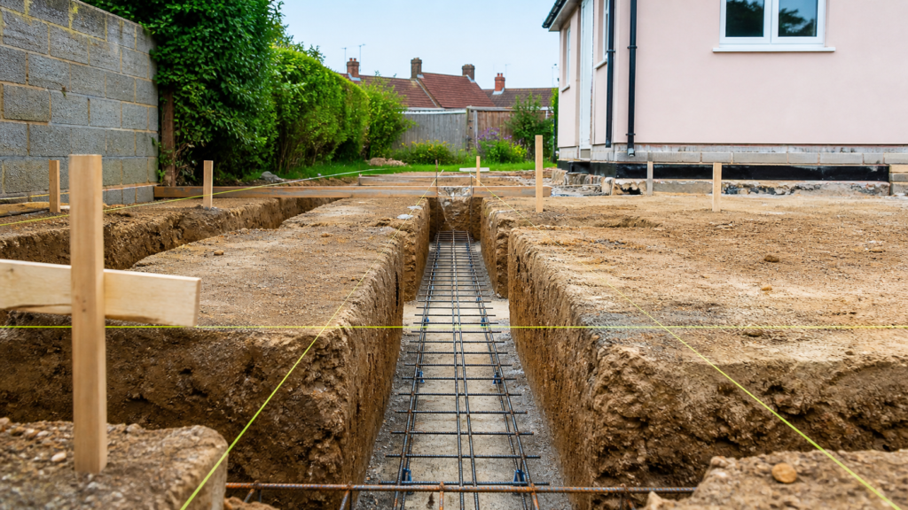 Clean foundation trenches with setting-out lines ready for concrete on a UK residential site