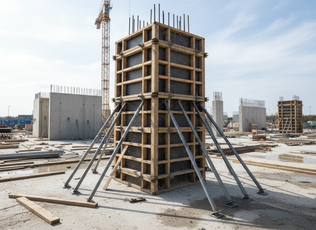 Timber formwork braced with steel props around a reinforced concrete column on a construction site