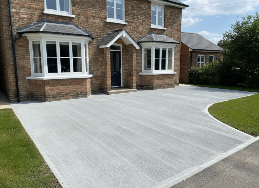Newly poured and finished concrete driveway with curved edge leading to a house