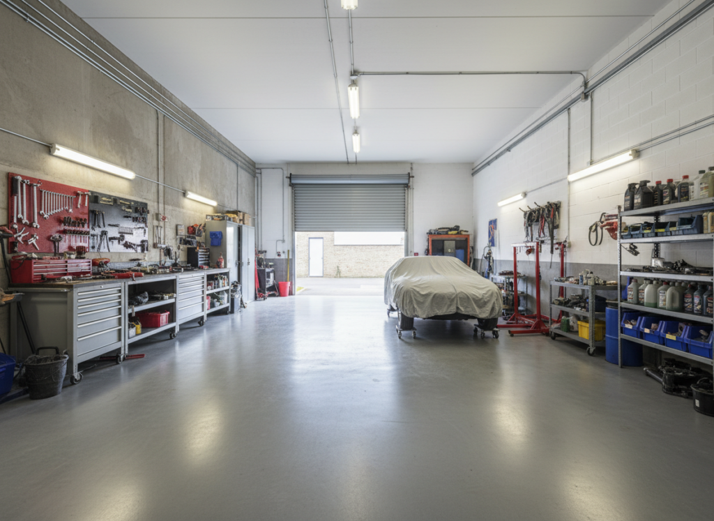 Smooth power-floated concrete floor inside a workshop or garage building
