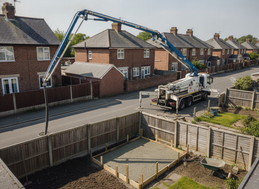 Concrete pump boom reaching over rooftops from the street to place concrete in a rear garden