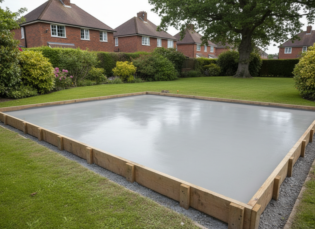 Freshly poured and trowelled concrete slab with timber formwork edge in a residential back garden
