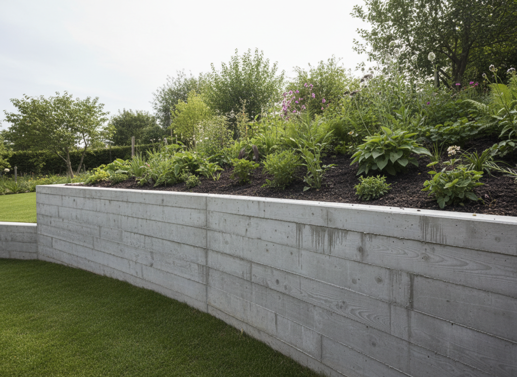 Poured concrete retaining wall holding back a raised garden border