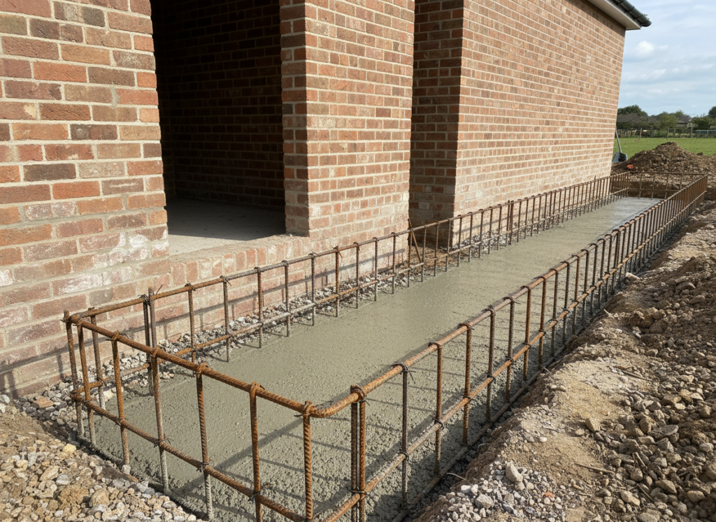 Concrete poured into a reinforced foundation trench alongside a brick building under construction