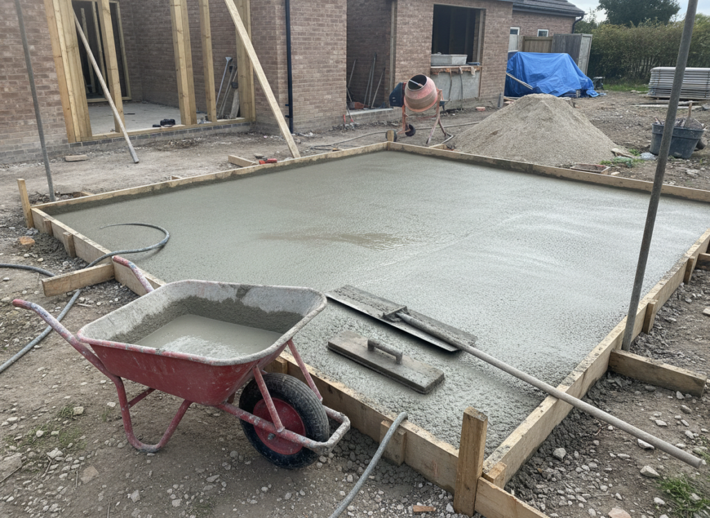 Concrete slab poured for a small domestic base, with a wheelbarrow and finishing tools alongside
