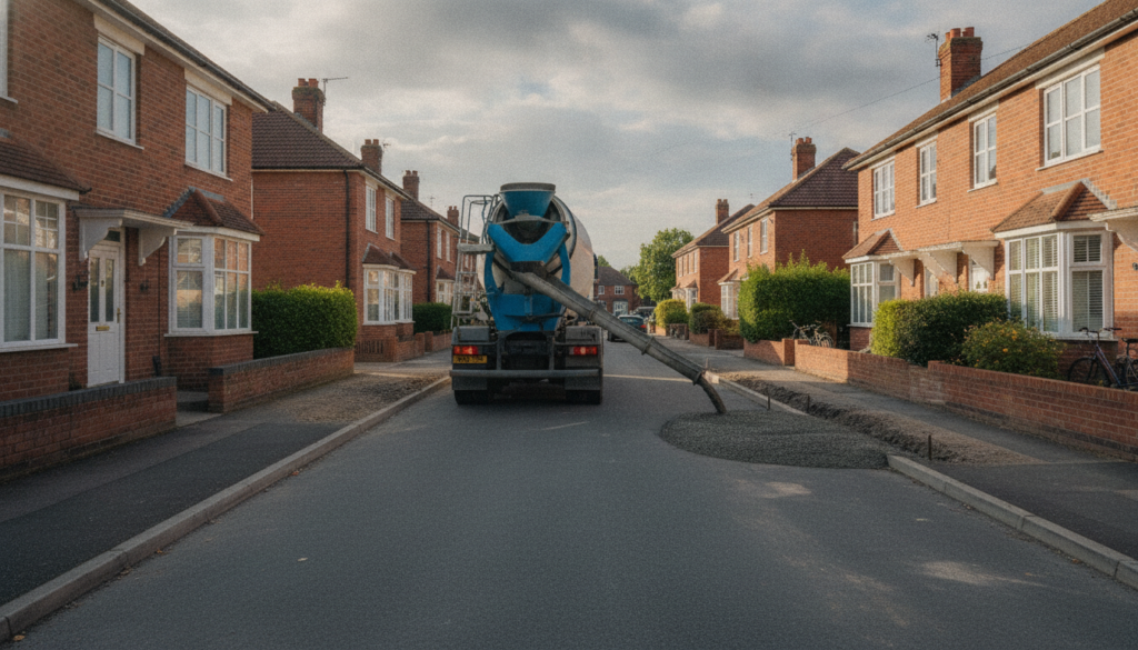 Concrete mixer lorry discharging concrete down a chute on a residential Kent street