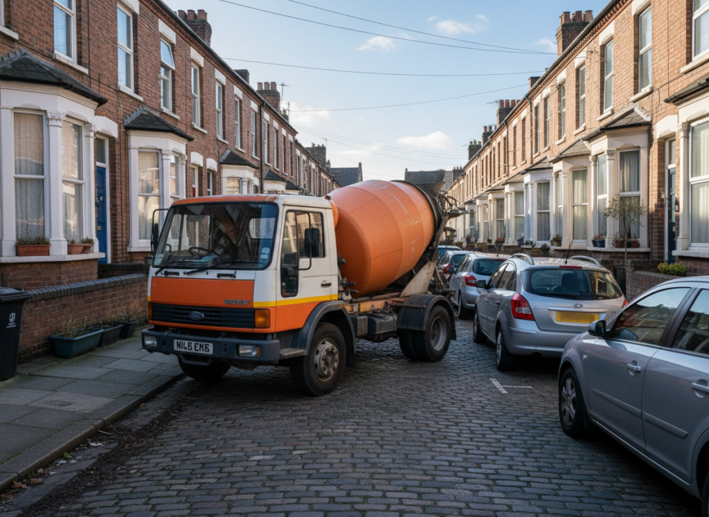 Small mini-mix concrete lorry manoeuvring along a narrow terraced street between parked cars