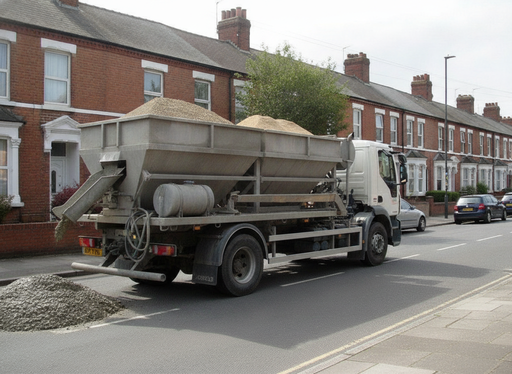 Volumetric mixer lorry with separate aggregate and sand compartments parked on a residential street