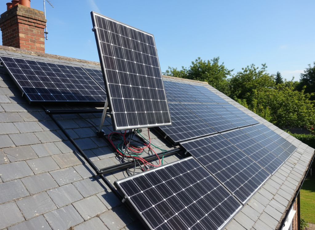 Solar panel lifted clear on its mounting rail during maintenance, exposing the DC cabling and connectors beneath the array