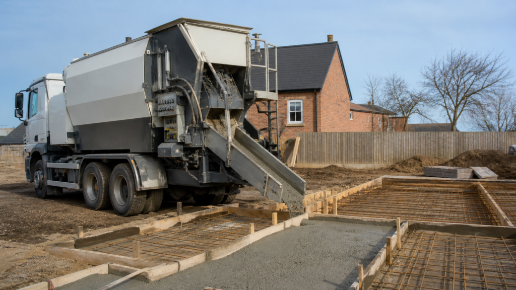 Unbranded concrete mixer placing concrete into prepared formwork for a ready-mix versus volumetric guide